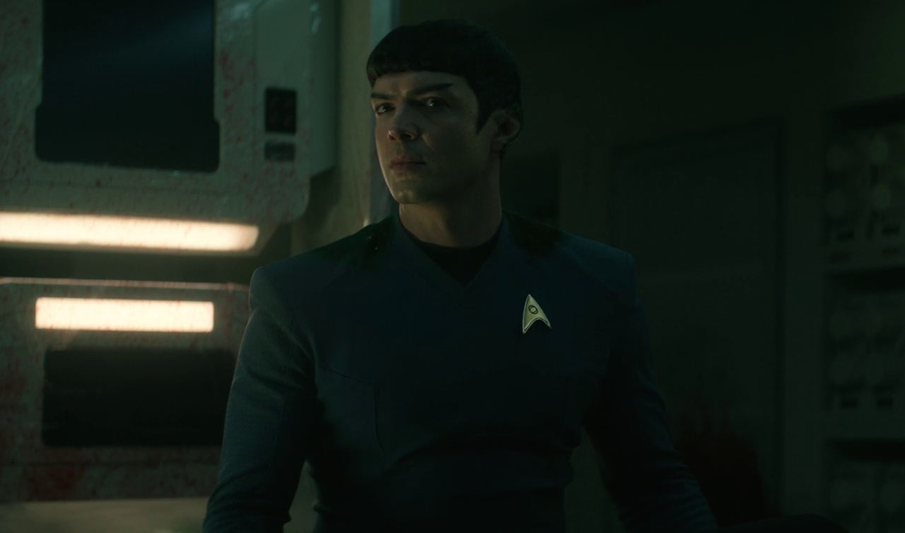 Still frame from Star Trek SNW 4x02 showing an injured Spock