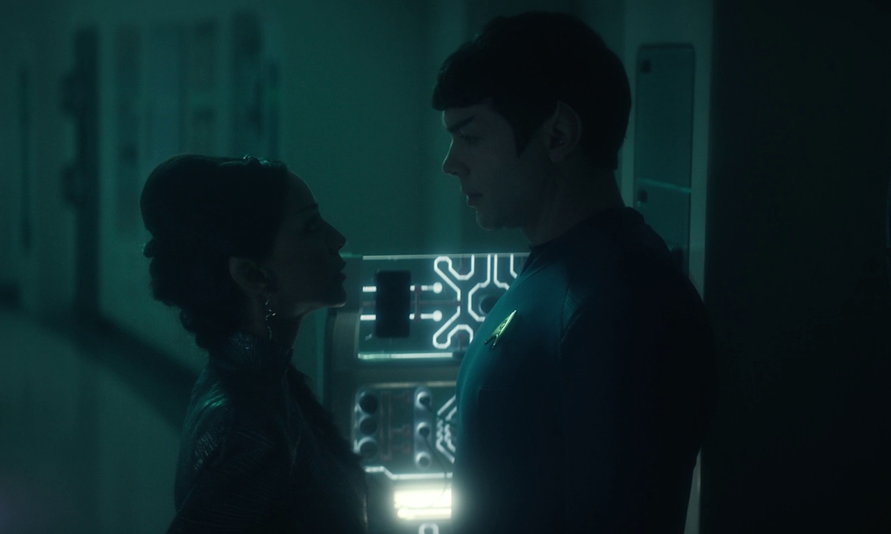 Still frame from Star Trek SNW 4x02 showing T'Pring and Spock