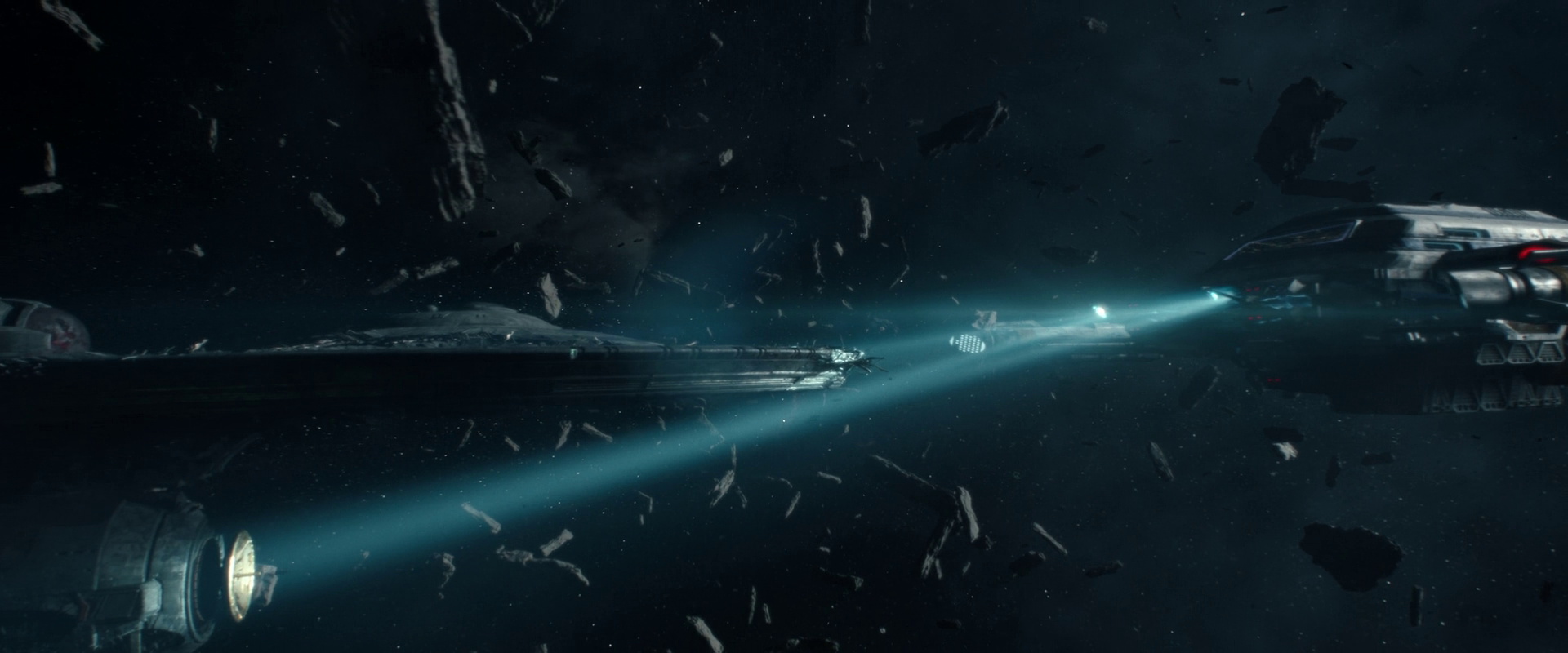 Still frame from Star Trek SNW 4x02 showing the USS Griffin under tow