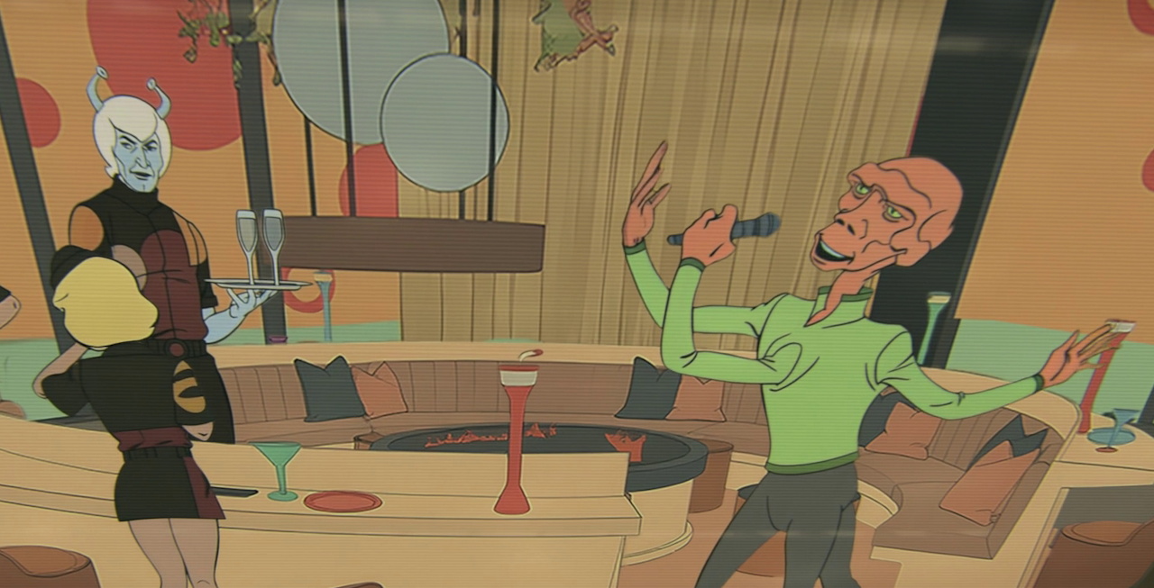Still frame from Star Trek SNW 4x03 showing an Edosian and an Andorian in the TAS style