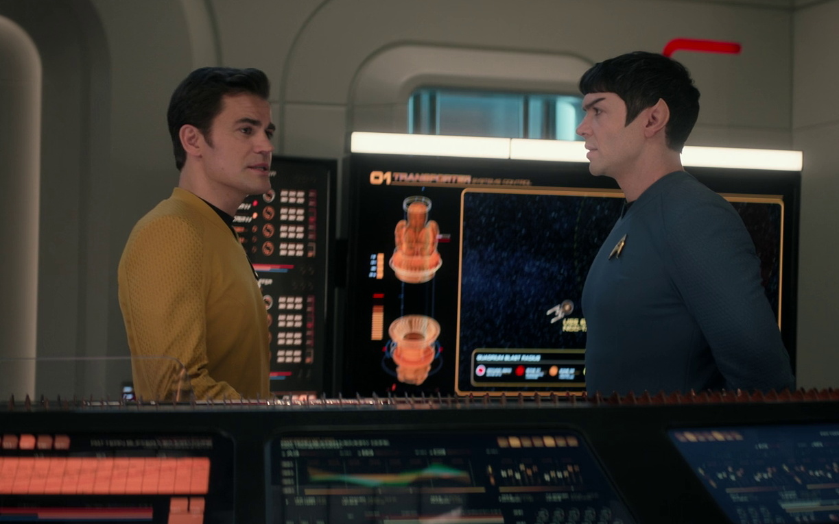 Still frame from Star Trek SNW 4x03 showing Kirk and Spock in the transporter room