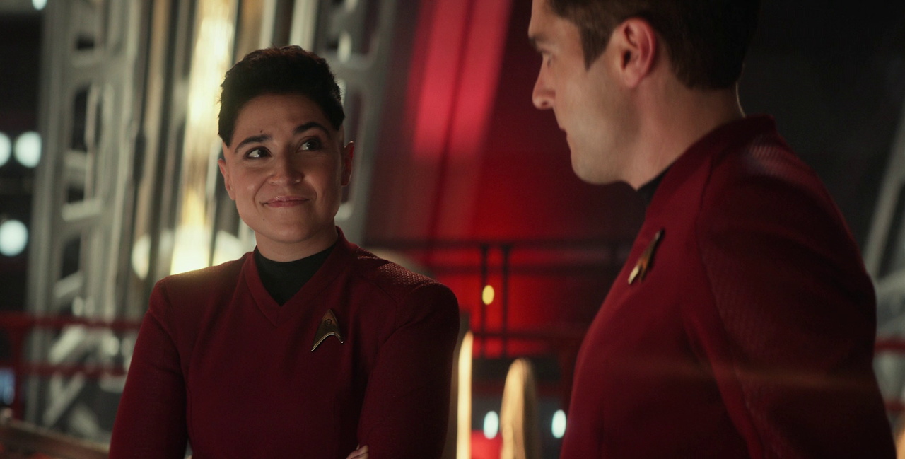 Still frame from Star Trek SNW 4x03 showing Ortegas and Scotty in Engineering