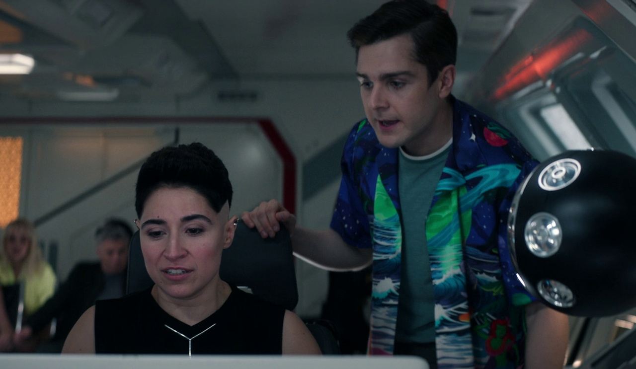 Still frame from Star Trek SNW 4x03 showing Scotty and Ortegas on the shuttle