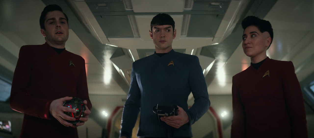 Still frame from Star Trek SNW 4x03 showing Scotty, Spock, and Ortegas with the bomb aboard the shuttle