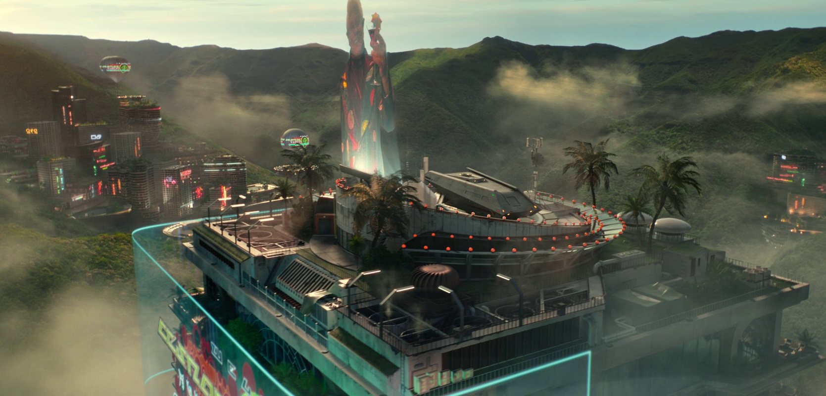 Still frame from Star Trek SNW 4x03 showing the shuttle parked behind the billboard