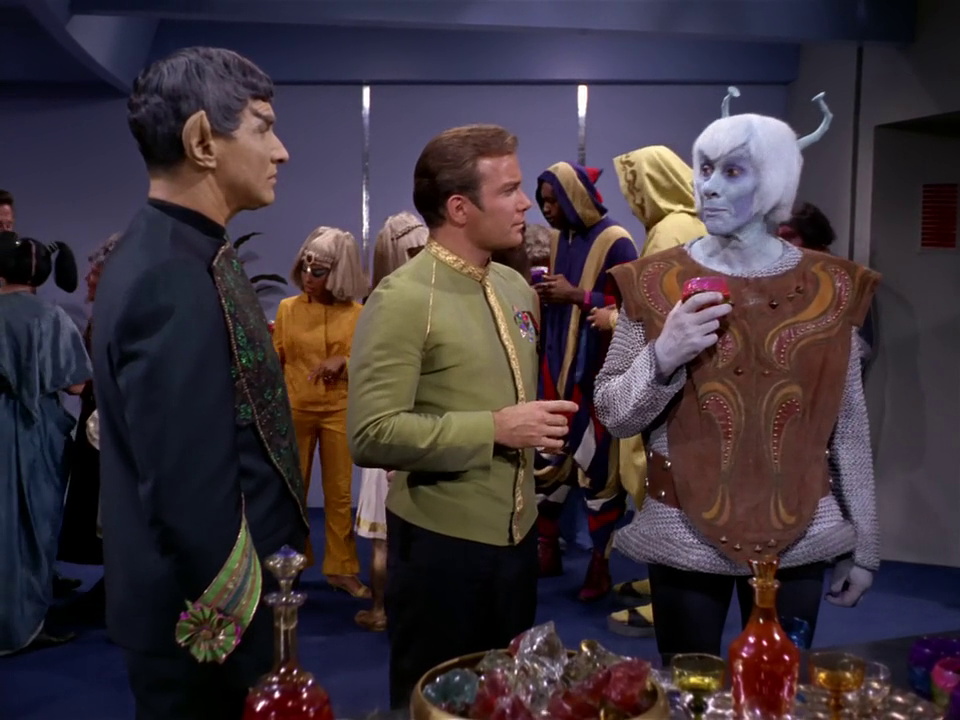 Still frame from Star Trek TOS 'Journey to Babel' showing Kirk, Sarek, and Shras