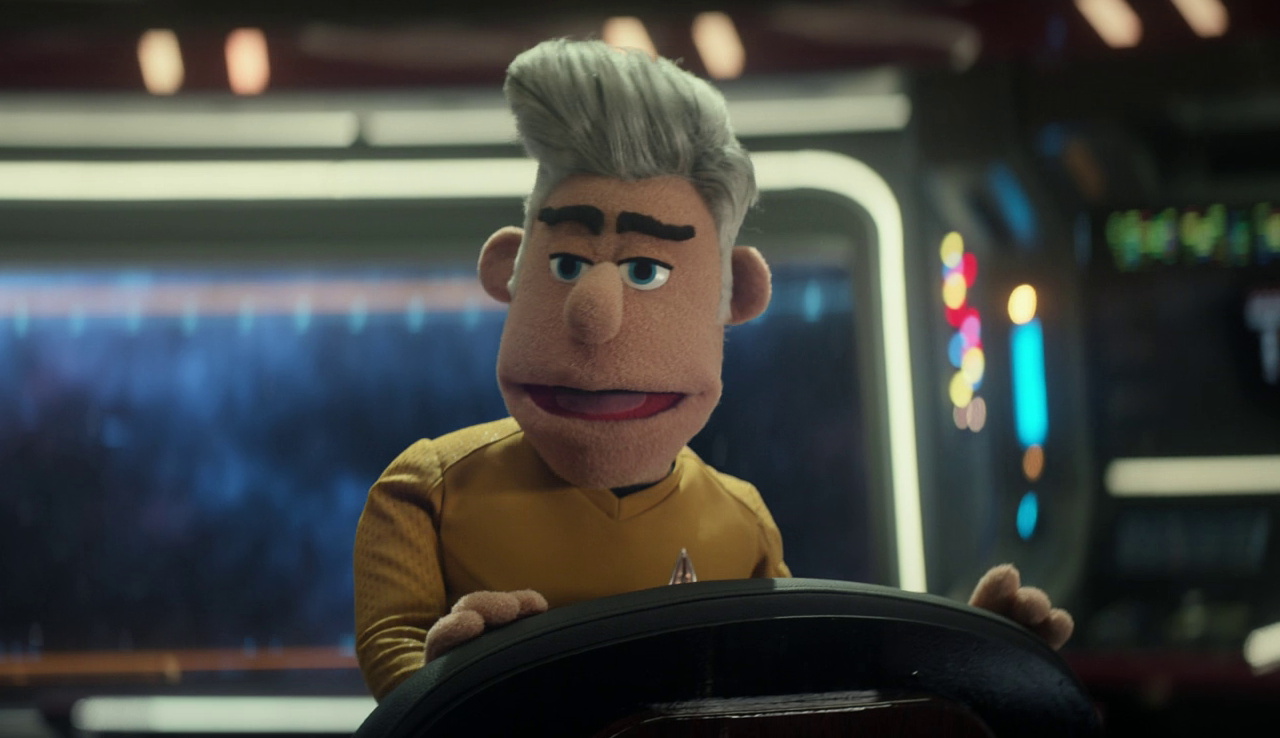 Still frame from Star Trek SNW 4x05 showing puppet Pike
