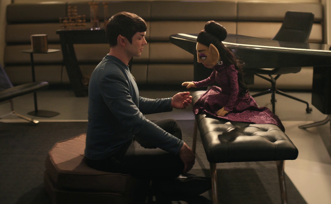 Still frame from Star Trek SNW 4x05 showing Spock with the T'Pring puppet