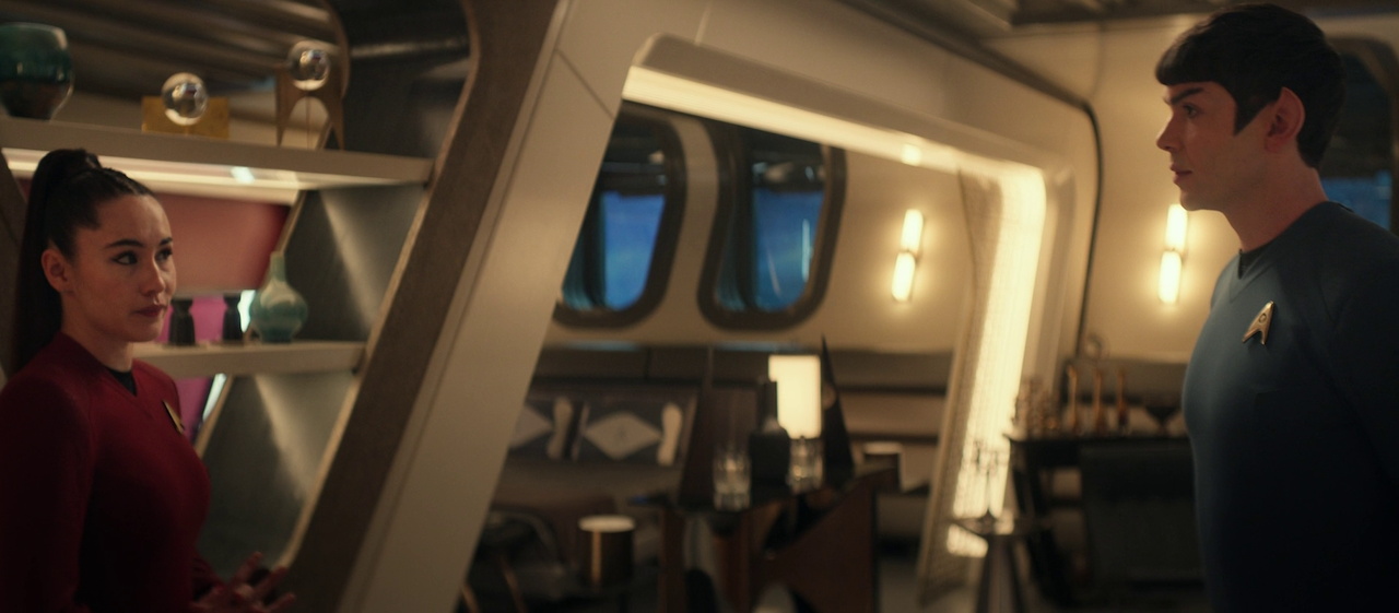 Still frame from Star Trek SNW 4x05 showing La'an breaking up with Spock