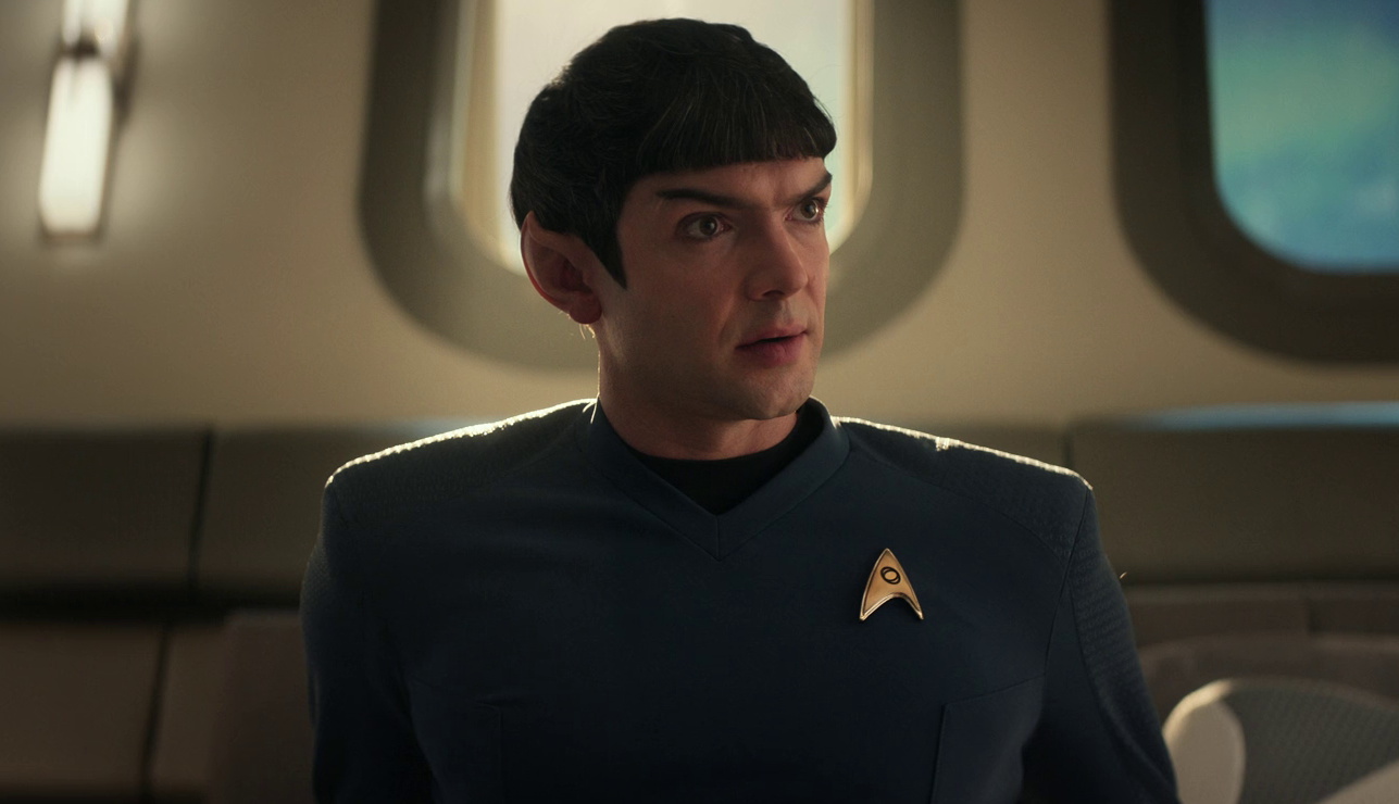 Still frame from Star Trek SNW 4x05 showing Spock at the "but it was all just a dream" ending
