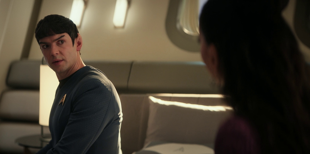 Still frame from Star Trek SNW 4x05 showing Spock and T'Pring on the bed
