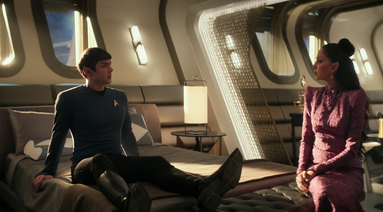 Still frame from Star Trek SNW 4x05 showing Spock and T'Pring at the "but it was all just a dream" ending