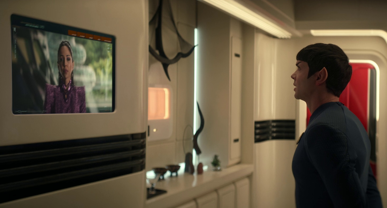 Still frame from Star Trek SNW 4x05 showing Spock's video call with T'Pring
