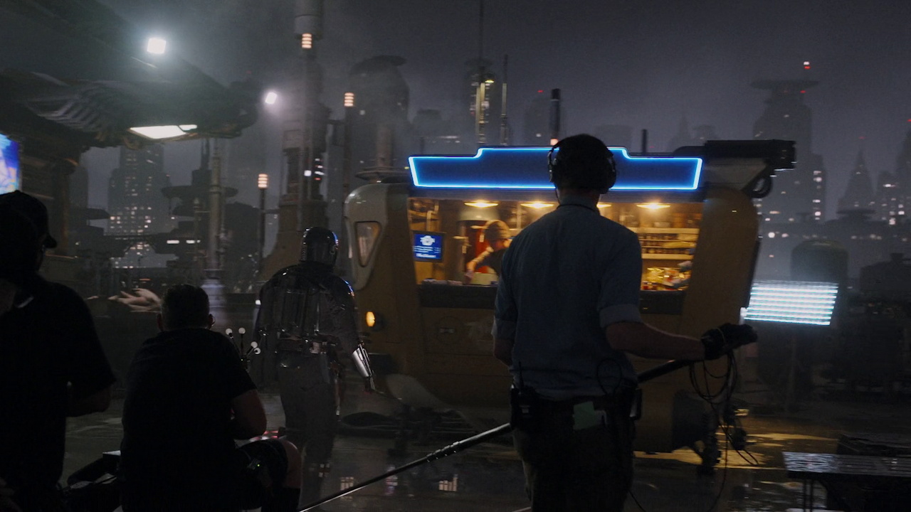 Behind-the-scenes photo from The Mandalorian and Grogu (2026) showing a scene being shot