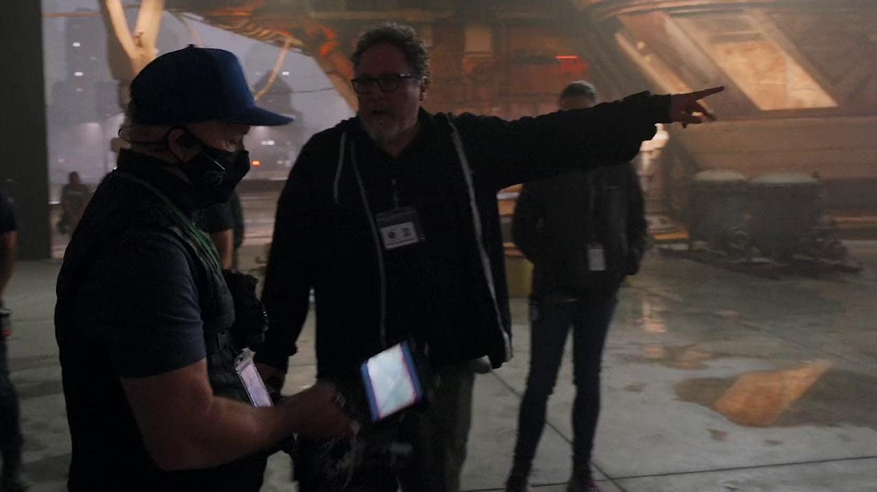 Behind-the-scenes photo from The Mandalorian and Grogu (2026) showing director Favreau