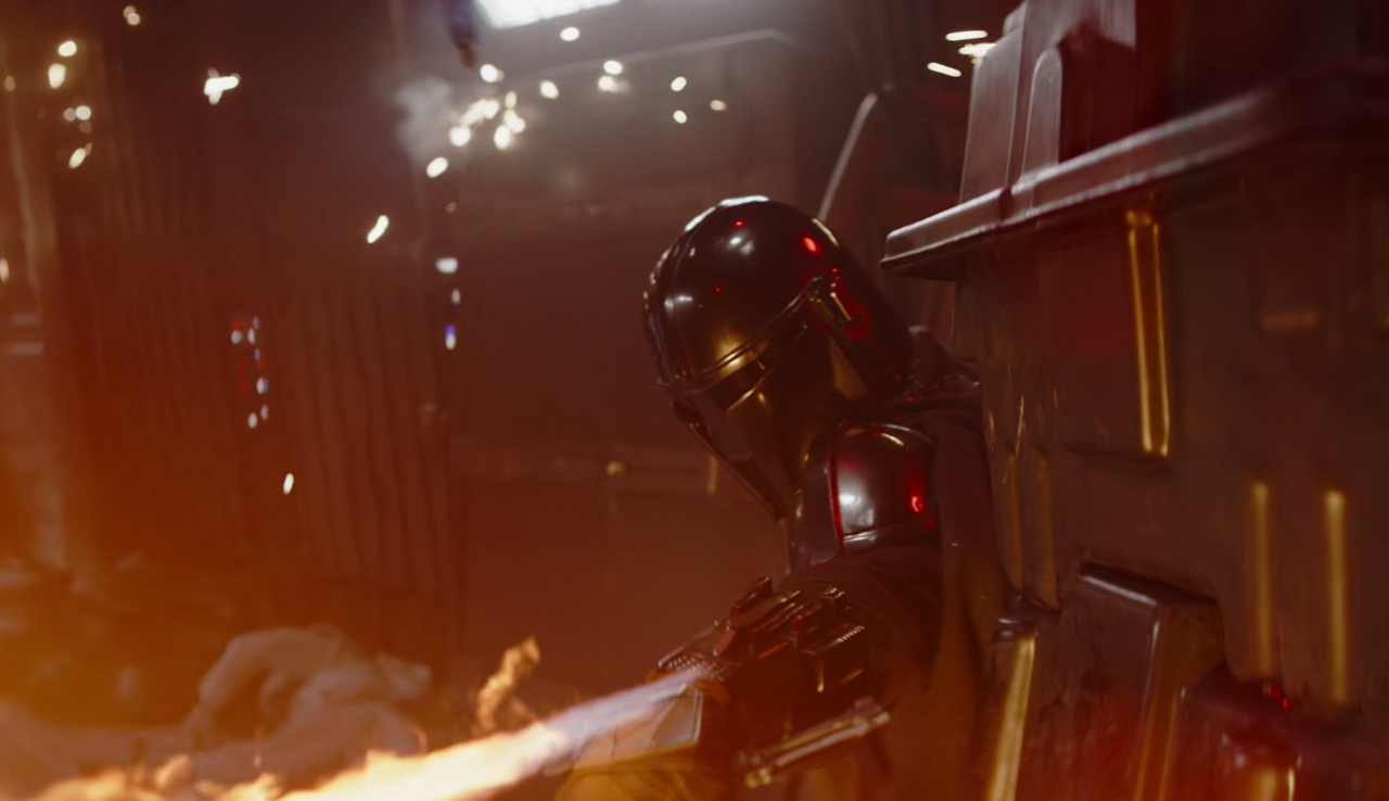 Still frame from The Mandalorian and Grogu (2026) showing a flamethrower