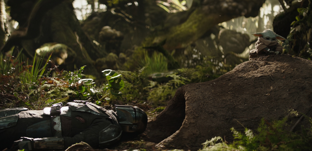 Still frame from The Mandalorian and Grogu (2026) showing Grogu's hut