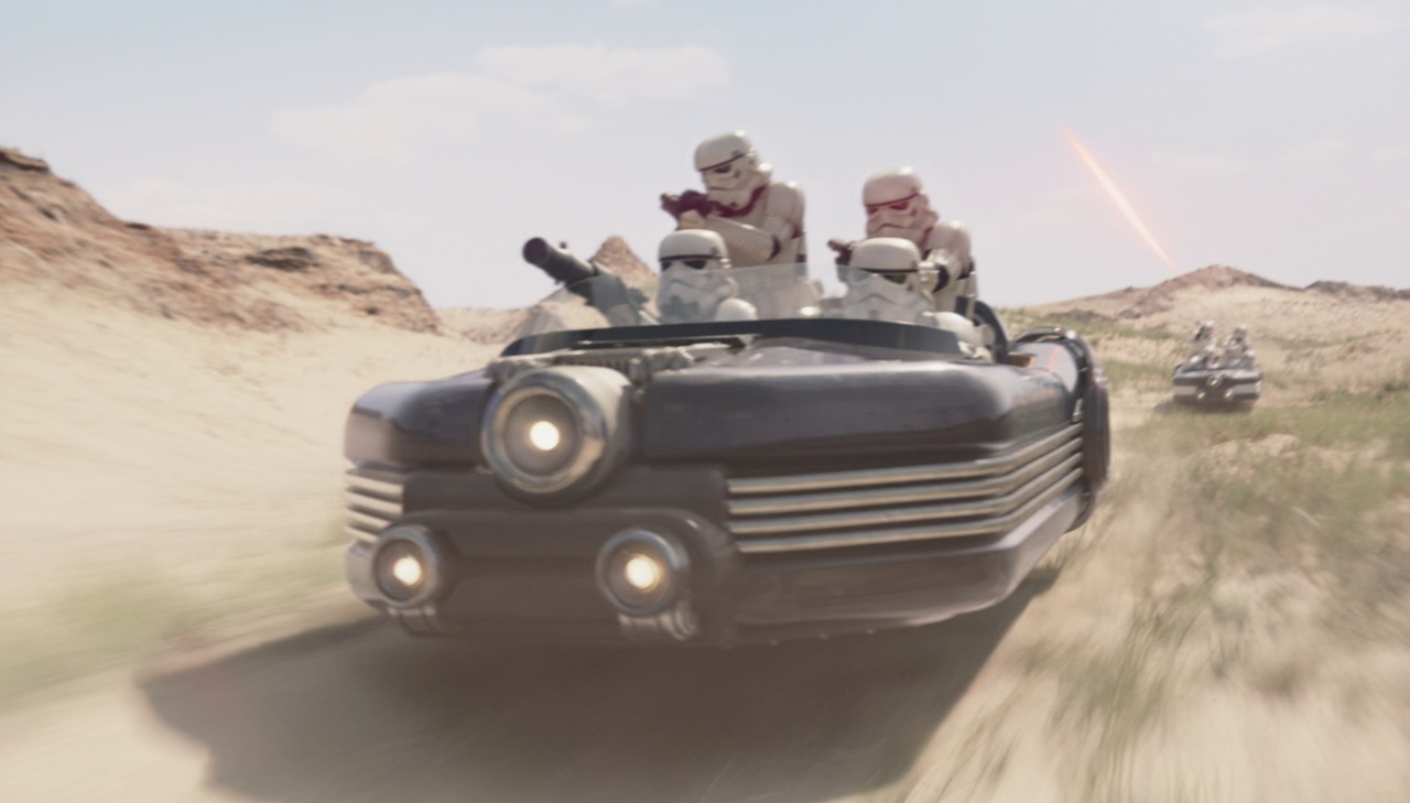 Still frame from The Mandalorian and Grogu (2026) showing Stormtroopers in a speeder