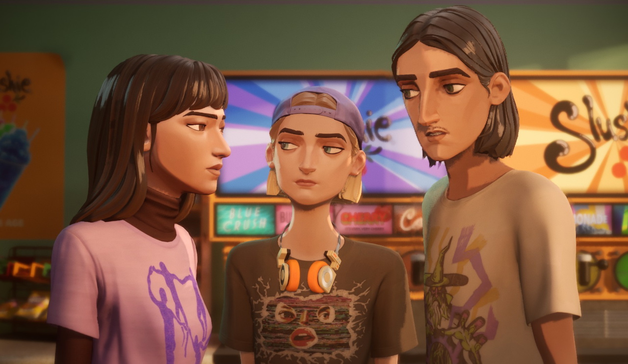 Screenshot of Mixtape (2026) showing Cassandra, Stacey, and Slater by the slushie machine