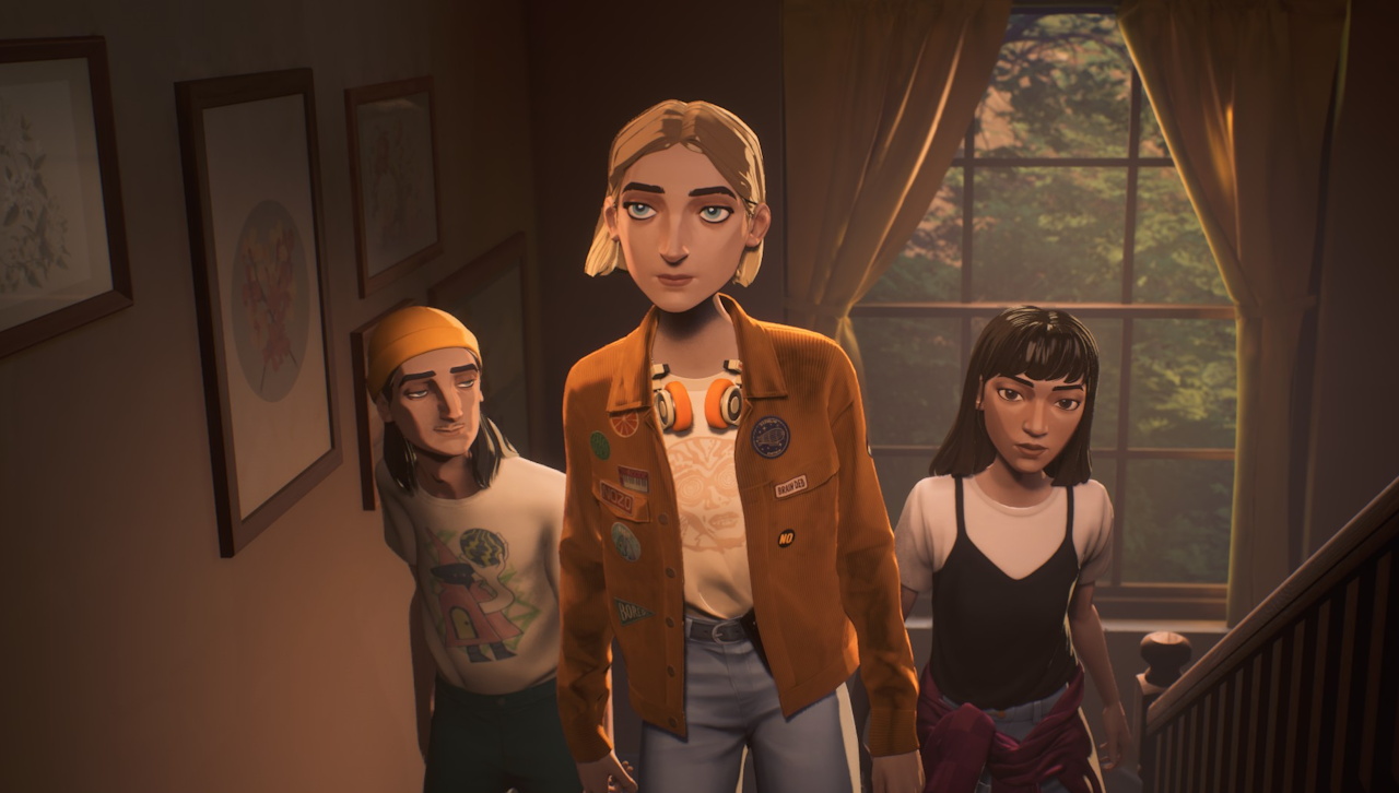 Screenshot of Mixtape (2026) showing the main characters on the stairs