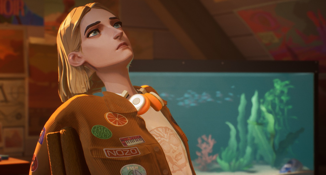 Screenshot of Mixtape (2026) showing Stacey by the fishtank