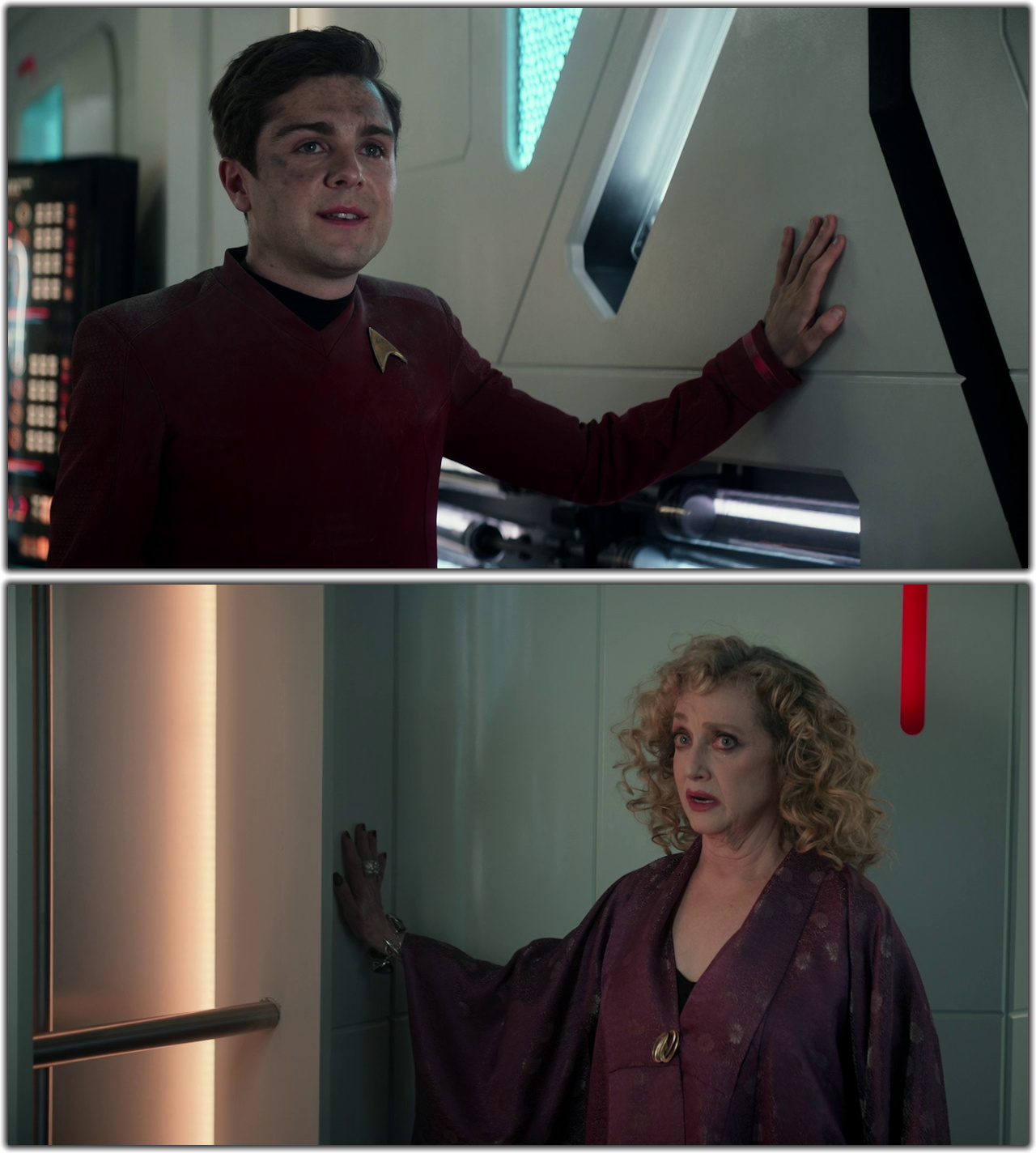 Pair of still frames from Star Trek SNW 4x06 showing Scotty and Pelia