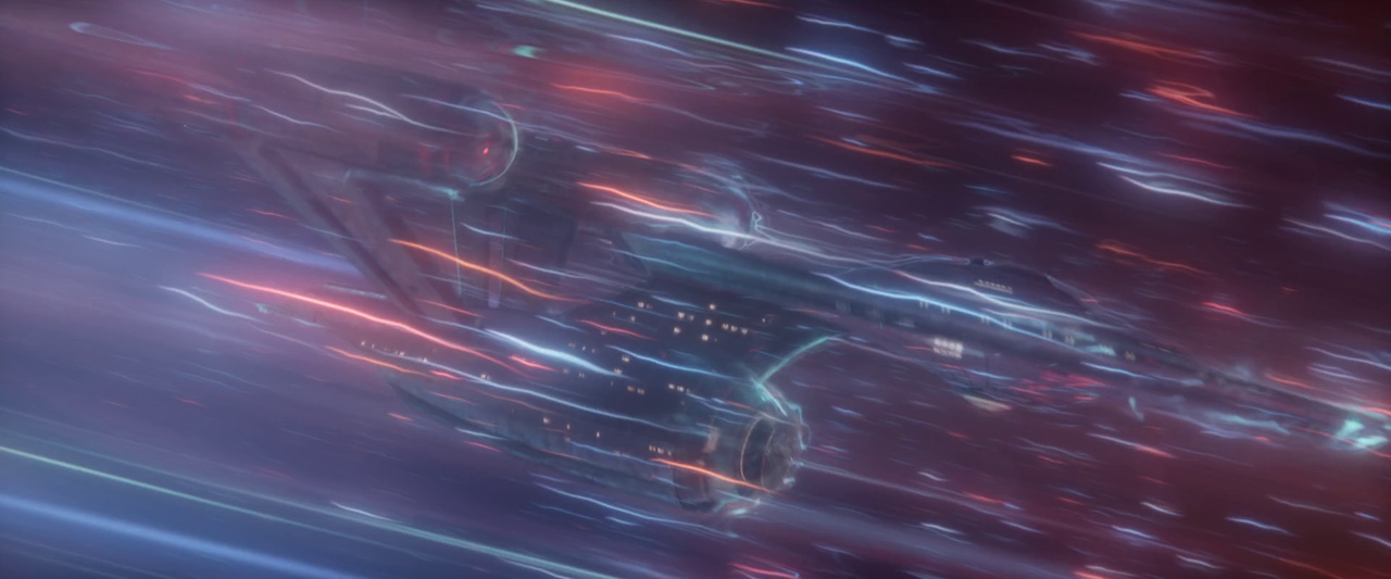 Still frame from Star Trek SNW 4x06 showing the USS Enterprise in a wormhole