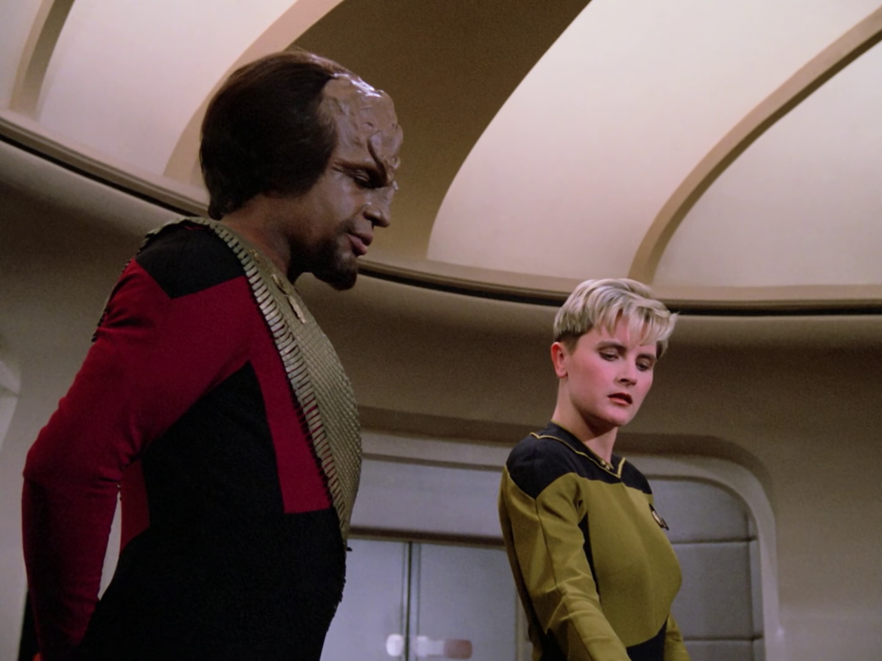 till frame from Star Trek TNG 1x22 showing Worf and Tasha Yar
