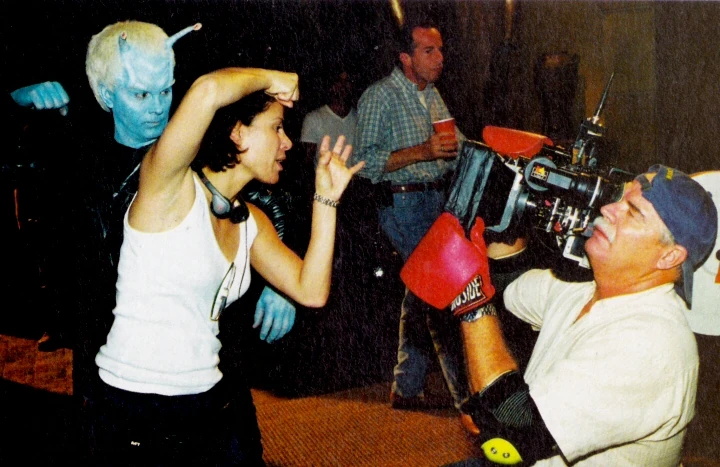 Behind-the-scenes photo from Star Trek ENT 1x07 showing Roxann Dawson, Jeffrey Combs, and a camera