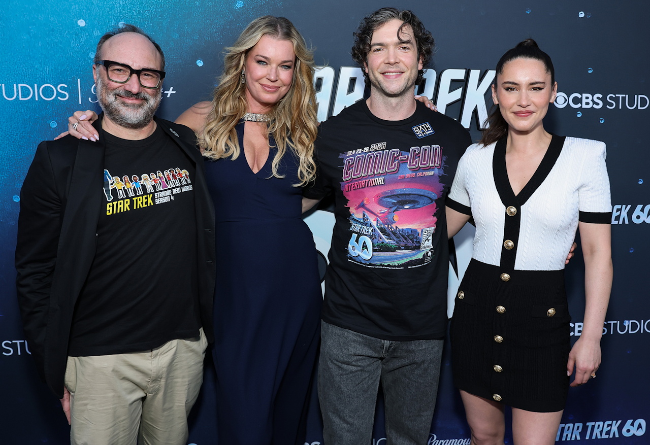 Photo of Henry Alonso Myers, Rebecca Romijn, Ethan Peck, and Christina Chong at a Star Trek SNW event in 2026