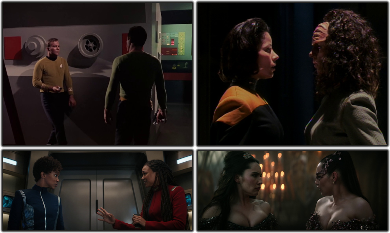Four still frames from Star Trek showing characters meeting their doppelgangers