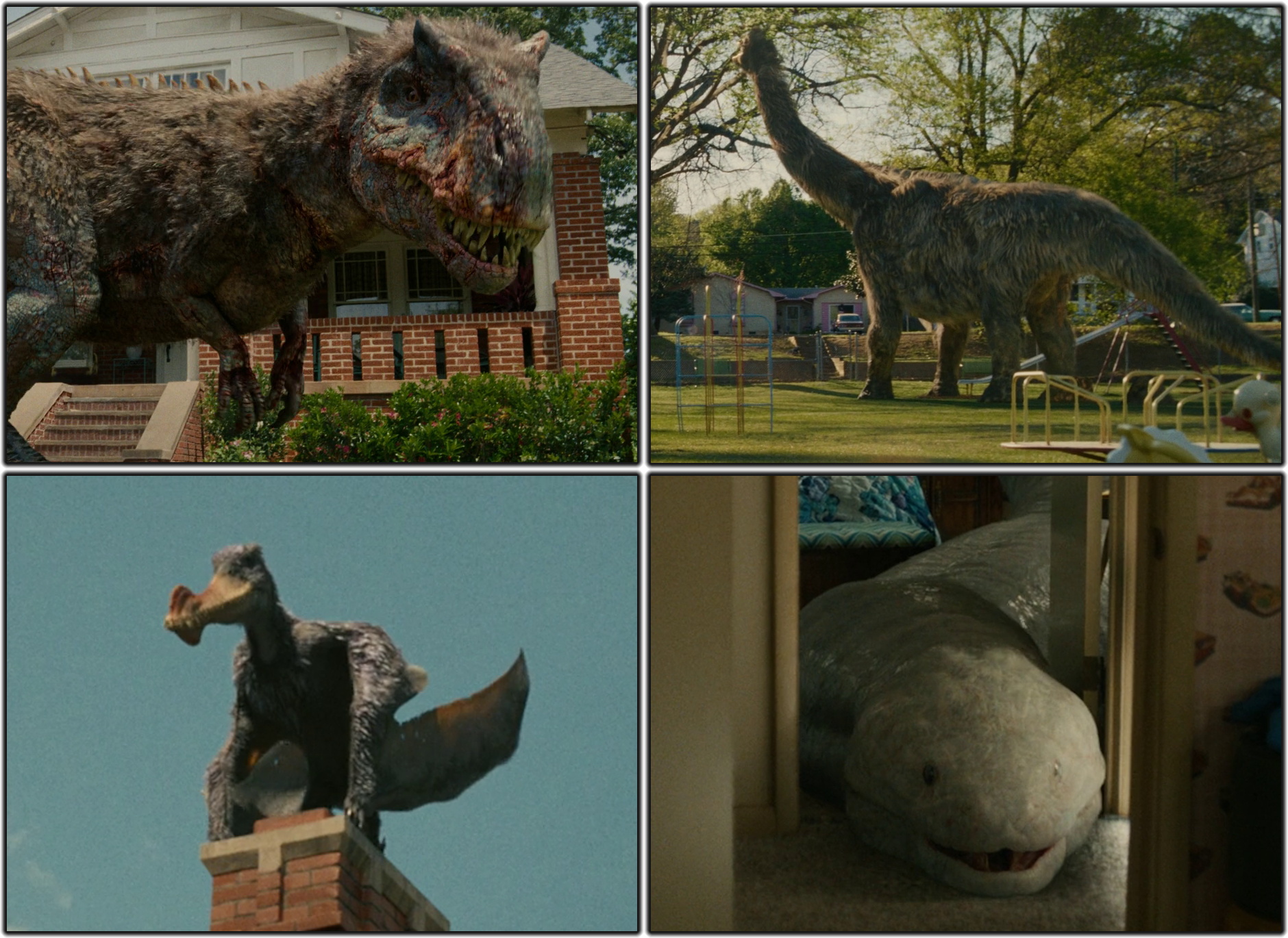 Four still frames from The End of Oak Street (2026) showing various dinosaurs