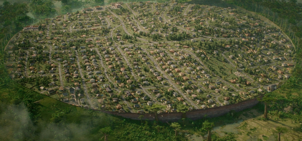 Still frame from The End of Oak Street (2026) showing the transplanted neighbourhood