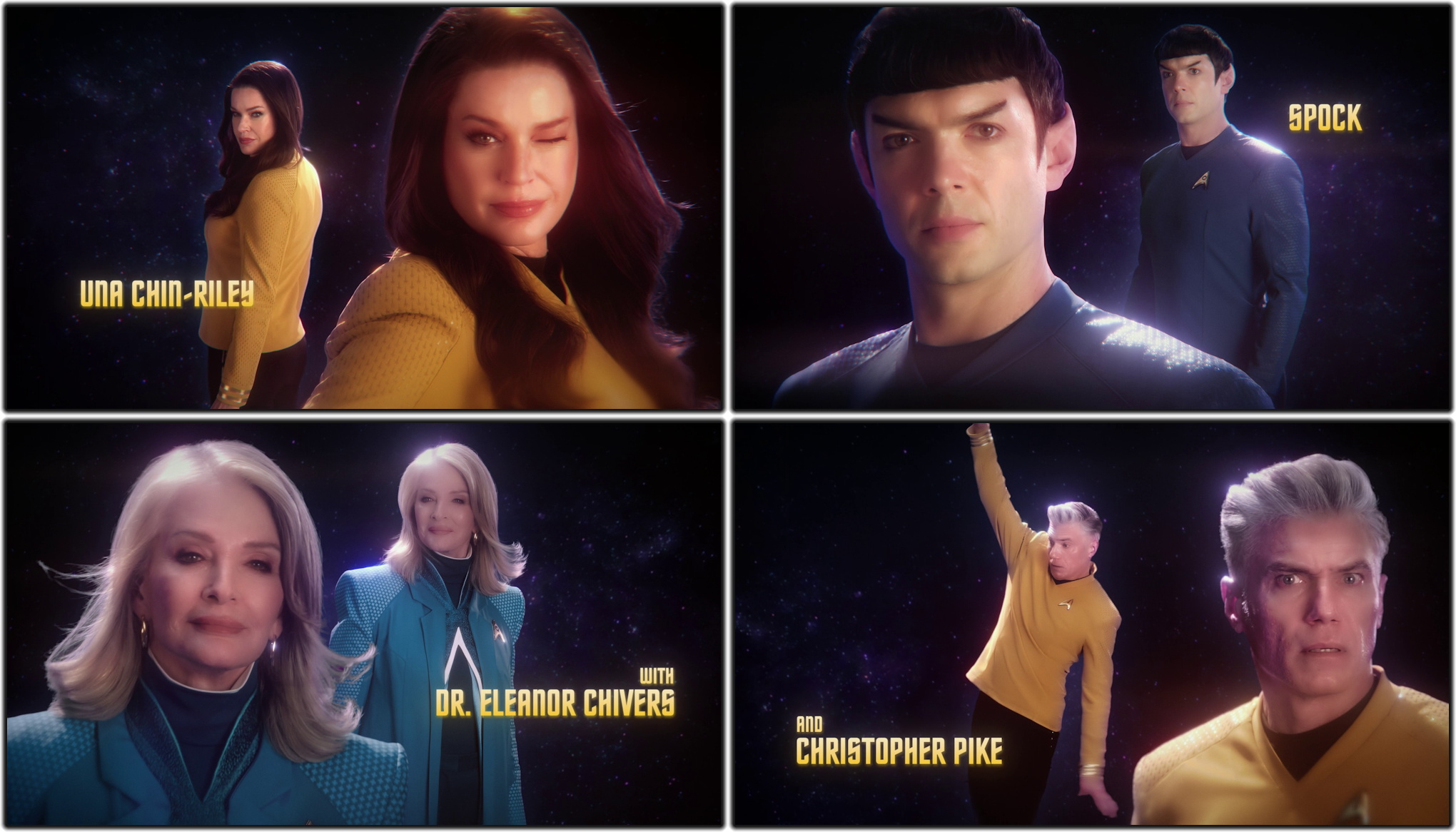 Still frame from Star Trek SNW 4x07 showing four character cards