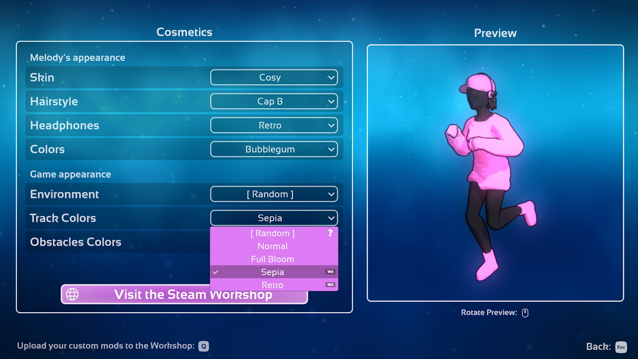 Screenshot of Melody's Escape 2 showing the cosmetics menu