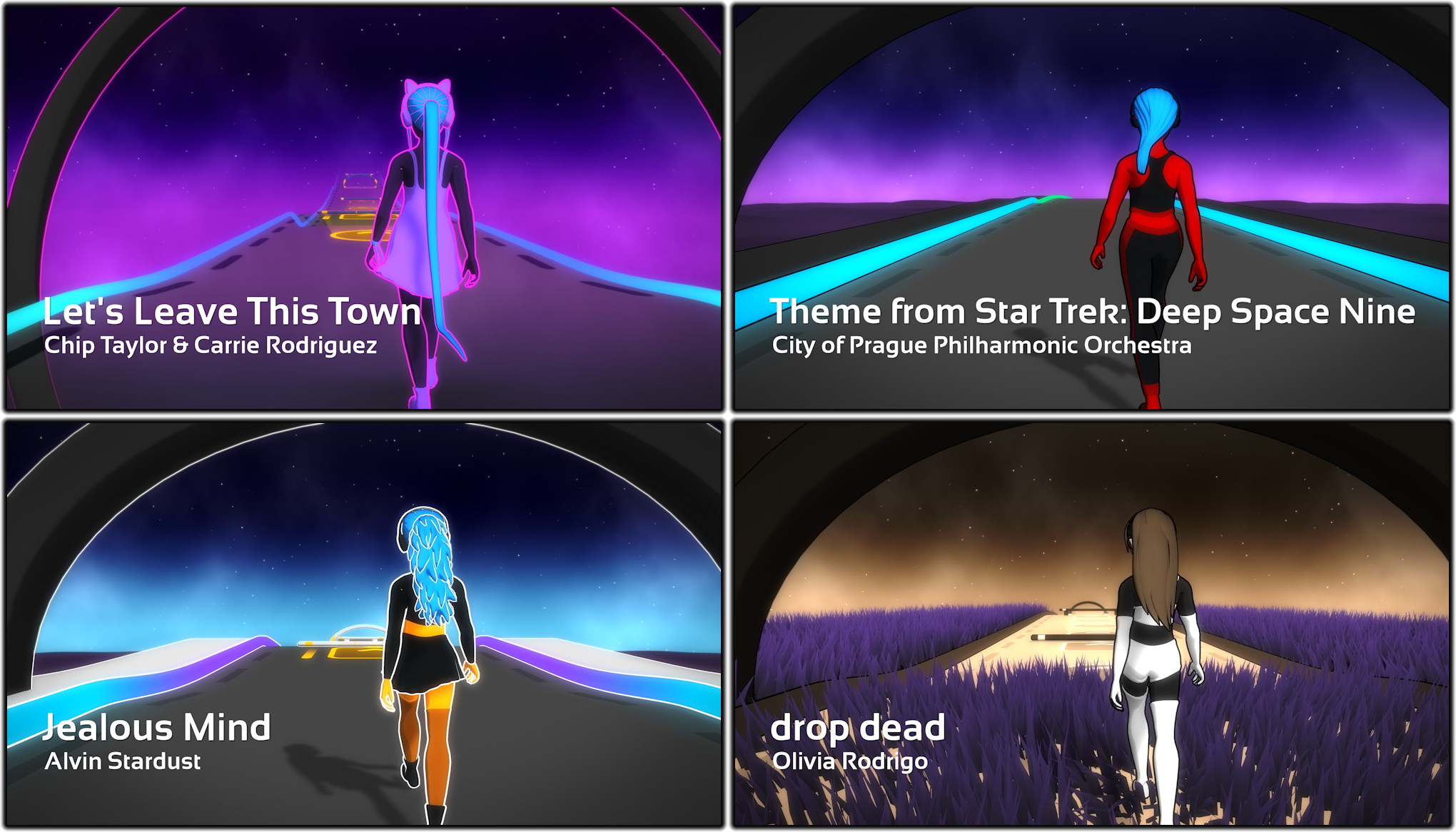 Four screenshots of Melody's Escape 2 showing song choices