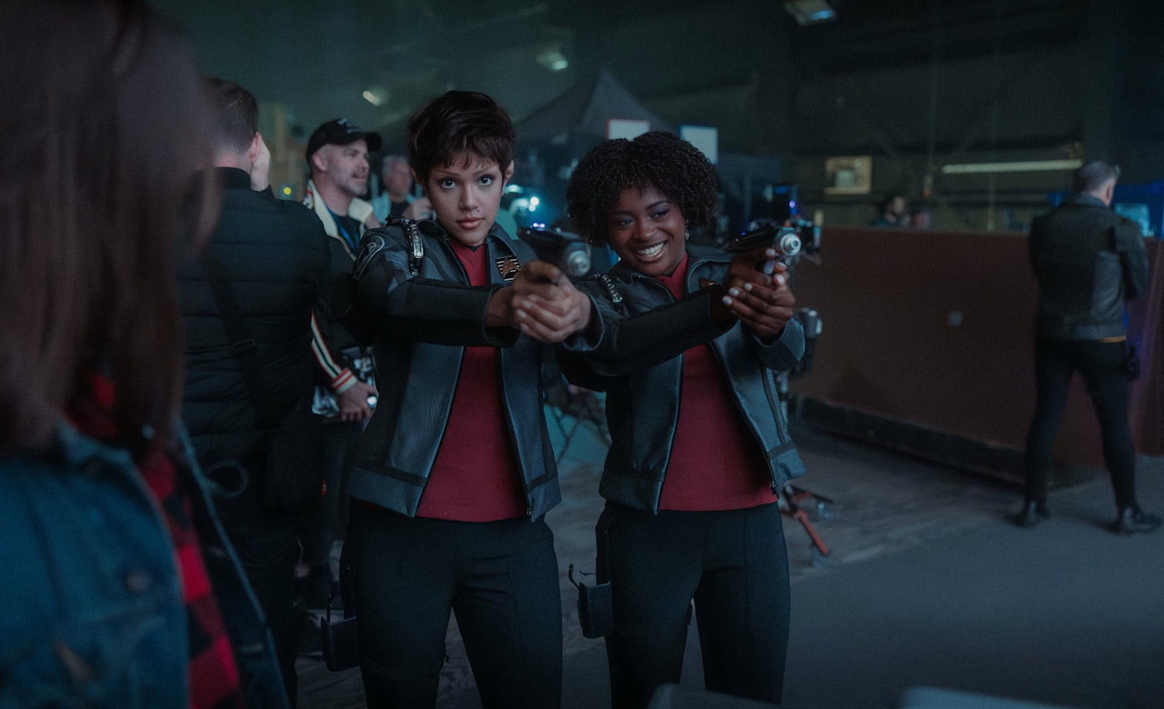 Behind-the-scenes photo from Star Trek SNW 4x08 showing Bianca Nugara and Celia Rose Gooding on set