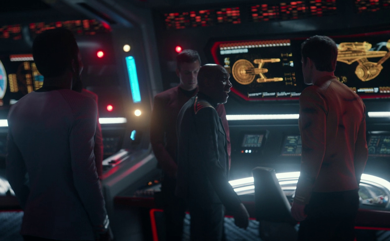 Still frame from Star Trek SNW 4x08 showing Kirk, Reeger, and M'Benga