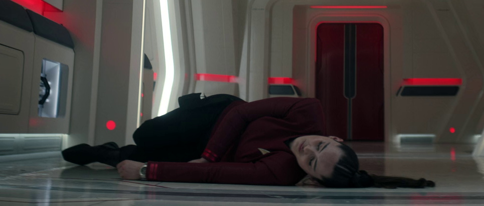 Still frame from Star Trek SNW 4x08 showing La'an stunned