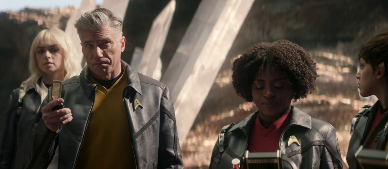 Still frame from Star Trek SNW 4x08 showing Pike, Chapel, Uhura, and A'Sha on the away mission
