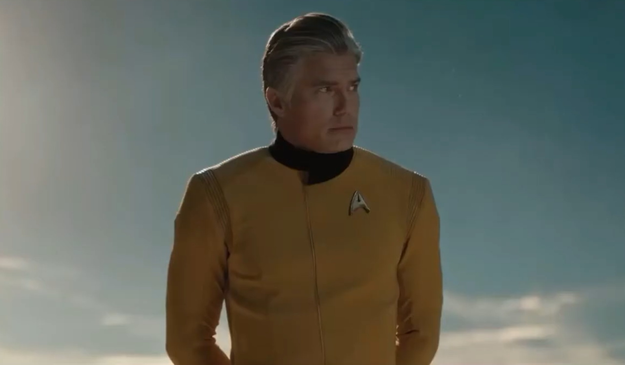 Still frame from a 2021 commercial for Paramount+ showing Captain Pike (Anson Mount)