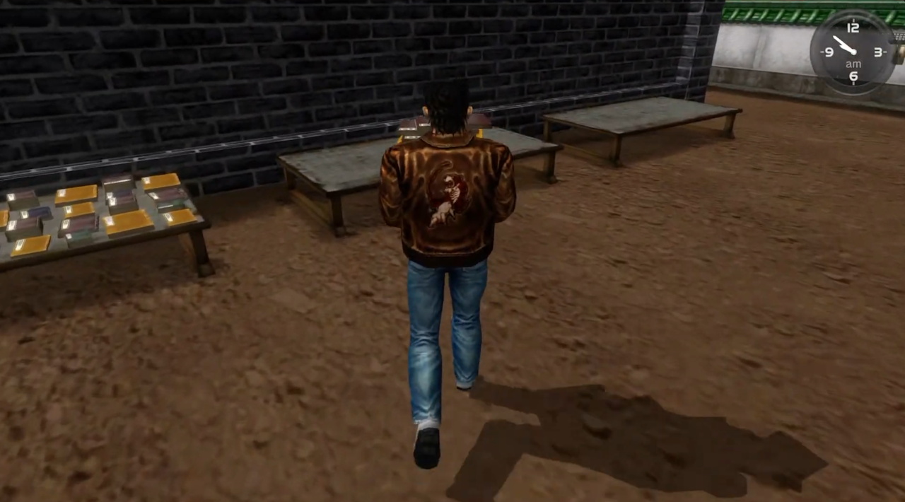 Screenshot of Shenmue II showing Ryo airing the books at the Man Mo temple