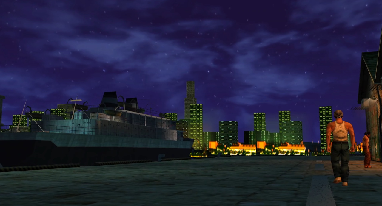 Screenshot of Shenmue II showing the harbour at night