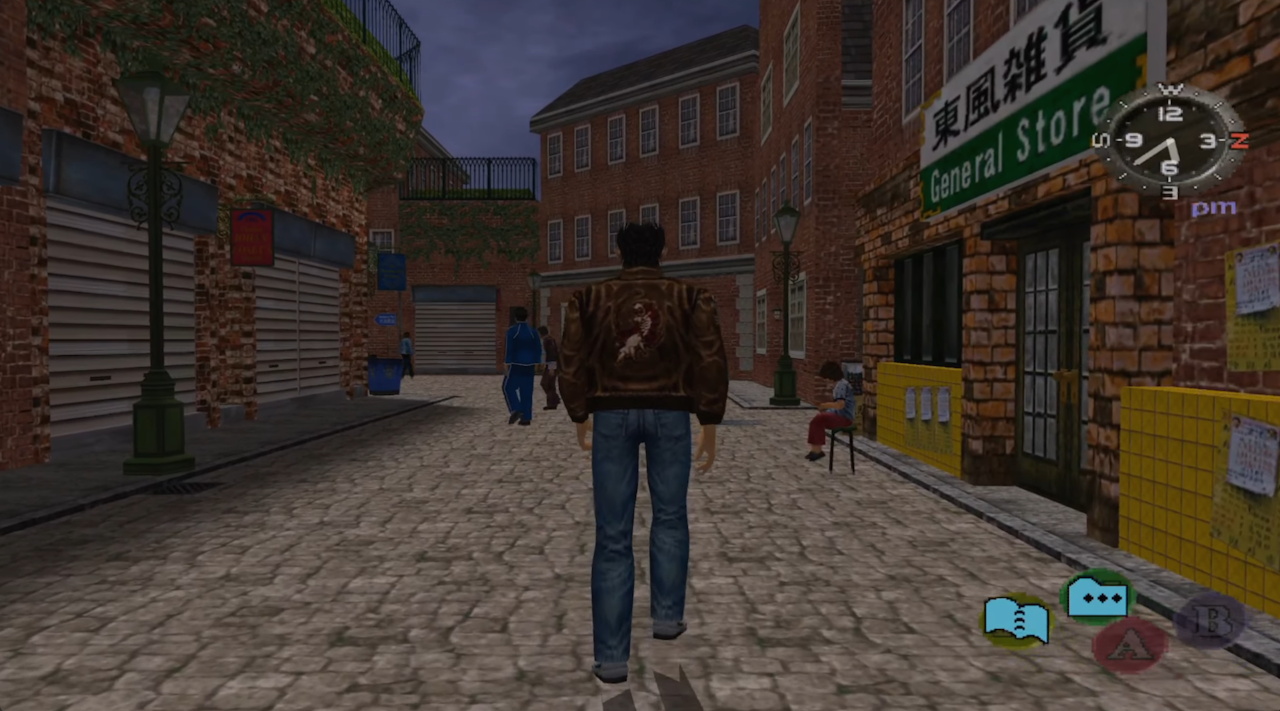 Screenshot of Shenmue II showing Ryo passing the general store