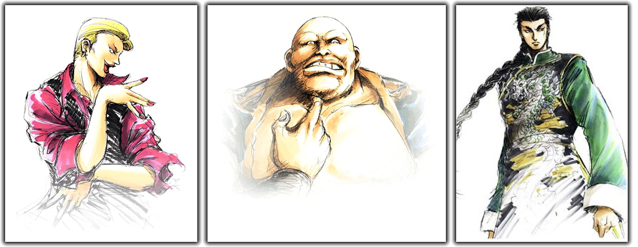 Concept art for Shenmue II showing Yuan, Dou Niu, and Lan Di