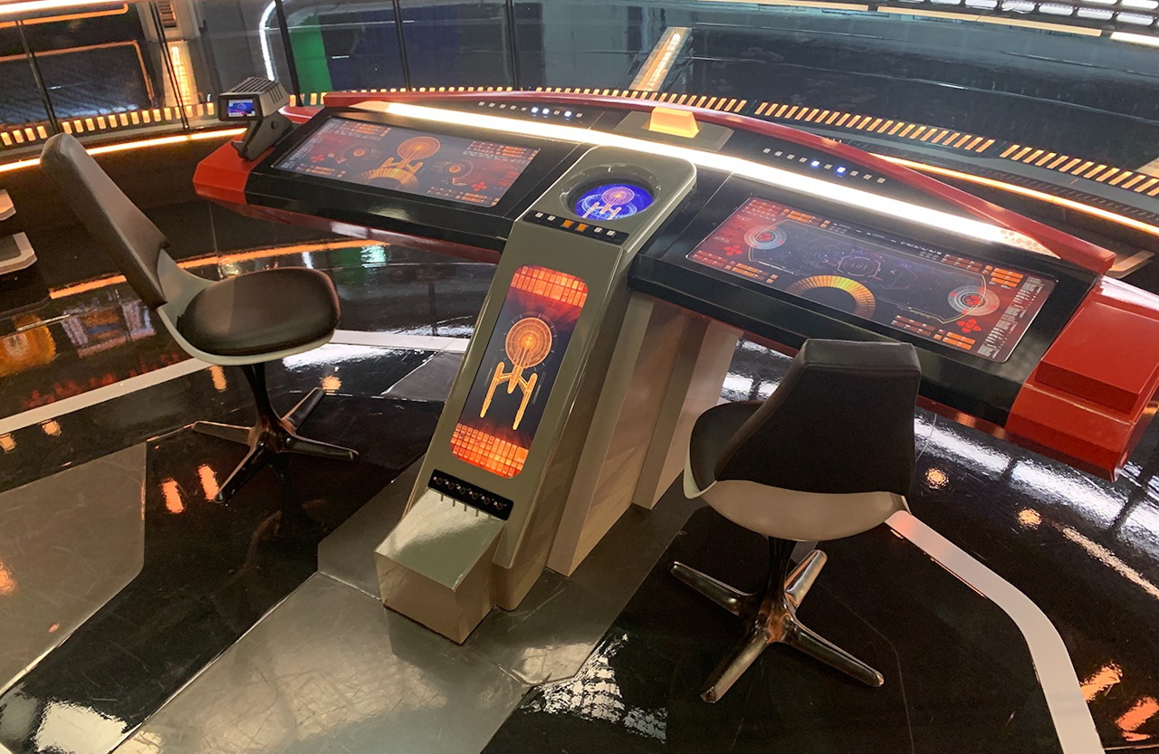 Behind-the-scenes photo from the set of Star Trek SNW S1 showing empty bridge/helm consoles