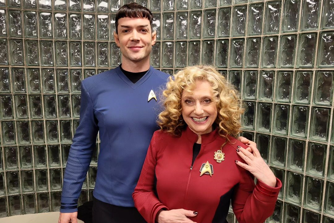 Behind-the-scenes photo from the set of Star Trek SNW S2 showing Peck and Kane