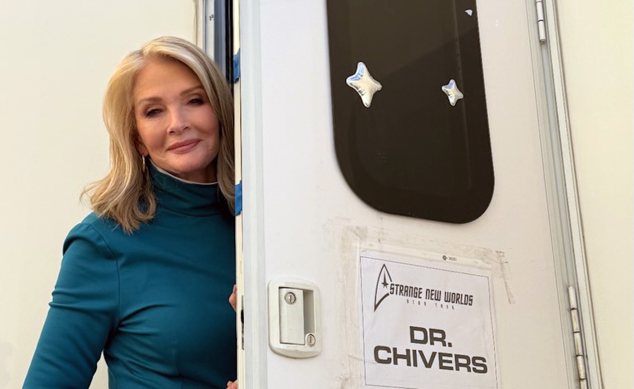 Behind-the-scenes photo from the set of Star Trek SNW S4 showing Deidre Hall at her trailer
