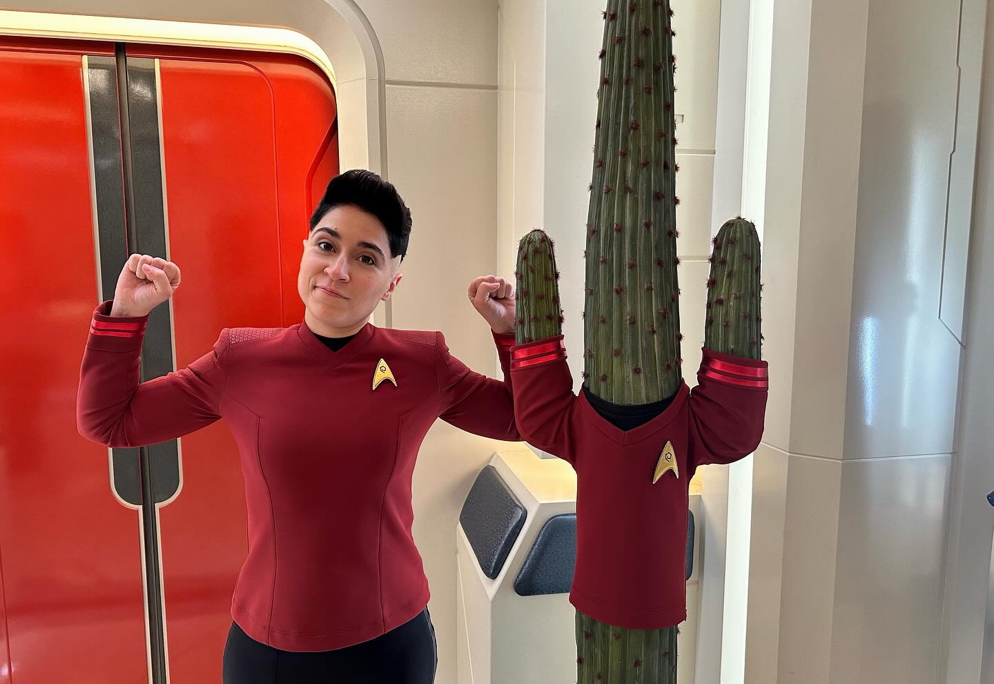 Behind-the-scenes photo from the set of Star Trek SNW S4 showing Melissa Navia and a cactus