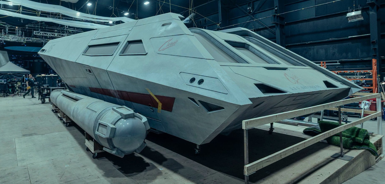 Behind-the-scenes photo from the set of Star Trek SNW S4 showing the shuttle set